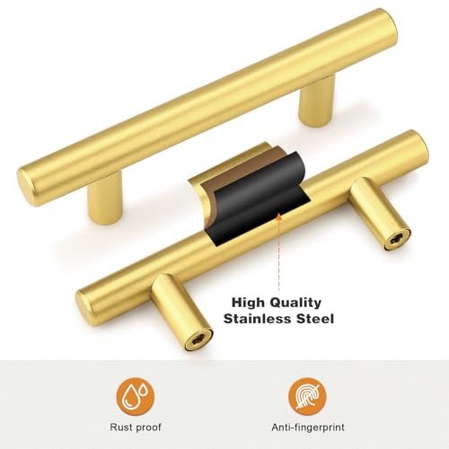 Probrico 30 Pack 3 Inch Center-to-Center Kitchen Cabinet Pulls T Bar Gold Cabinet Handles Modern Drawer Hardware Dresser Pulls, 5 Inch Total Length - color: Gold, size: hole center 3"