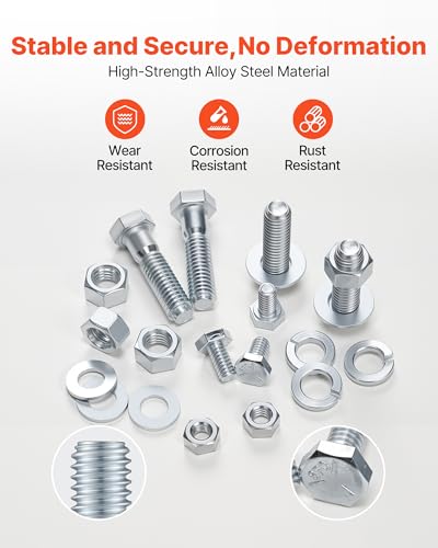 VEVOR 566 Pcs Bolts and Nuts Assortment Kit, Imperial Machine Screws and Flat Washers, Alloy Steel 1/4-20,5/16-18,3/8-16, for Furniture/Equipment/Vehicle Assembly, Galvanized White - size: 566 PCS - Imperial (1/4-20, 5/16-18, 3/8-16)