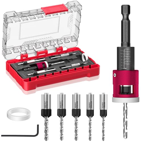 BURMONG 5-Piece Countersink Drill Bit Set with Adjustable Depth Stop, 1/4" Hex Shank Quick Change Drilling Tool Kit, 82° Woodworking Chamfer Bits for Wood, Plywood, MDF, Plastic - style: With Adjustable Depth Stop