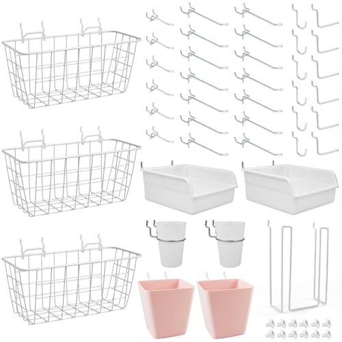 Pegboard Organizer Set 42Pack Peg Board Baskets Hooks Bins Cups(White Pink) - color: White & Pink