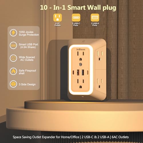 Wall Outlet Extender with Night Light, Power Plug Adapter 6 Outlet Extender with 4 USB Charging Ports 1050J Power Strip Multi Plug Adapter Spaced for Home Travel Office (2U2C)-ETL - color: White-1Pcs