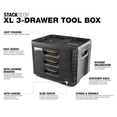 ToughBuilt StackTech XL 3 Drawer Tool Box, Heavy-Duty Portable Tools Chest, 50 lb Capacity - Stackable Toolbox Storage Organizer with 22 Dividers, Auto-Latching Drawers and Accessory Rails - size: 3 Drawer