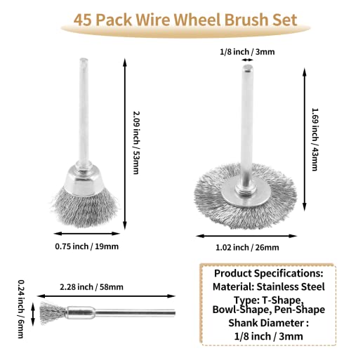 45 Pack Wire Wheel Brush Set, 1/8 Inch Shank Stainless Steel Brush Kit Rotary Buffing Brush Wheel, Rust Removal Tool Set, Wire Pen Brush + Bowl-Shape Brushes + T-Shape Brushes