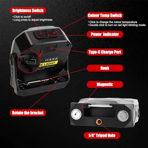 SUNPRO Magnetic Job Site Light Rechargeable FloodLight with Hook(1, Grey) | Portable Work Light with 270° Rotating Stand Stepless Dimmable Flashlight for Home Hurricane Camping Car Repaire Emergency