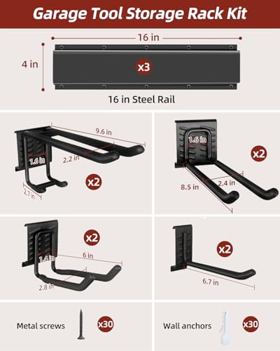 Garage Tool Organizer Wall Mount, 48in Tool Rack, 420LBS Capacity - size: 48" 3 Panels & 8 Hooks