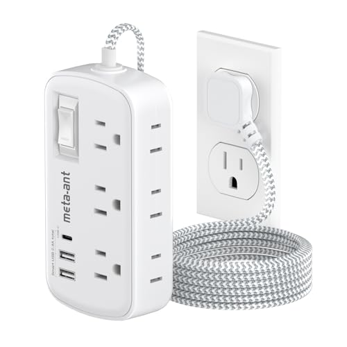 Small Power Strip 5 FT - Flat Plug Outlet Extender, 9-in-1 Surge Protector with 6 AC Outlets 3 USB (USB-C), 5ft Braided Extension Cord, Wall Mountable for Home Office Living Room TV Stand Bedside Desk - size: 5 FT
