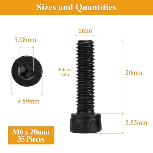 35 Pieces M6 x 20mm Socket Head Cap Screws, Thread Pitch 1.0mm, Sutemribor M6 Black Screws, 12.9 Grade Alloy Steel, Black Oxide Finish, Fully Threaded - size: M6 x 20mm, style: Socket Head