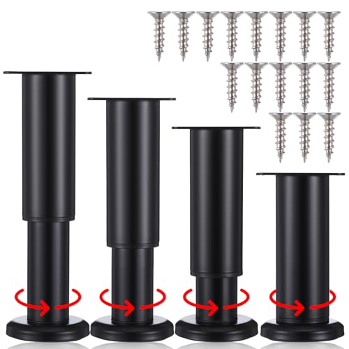 4PCS Metal Adjustable Furniture Legs, 4.7-7.4 Inch Cabinet Legs Extension, Heavy Duty Black Support Replacement Leg for Bed Couch Dresser Chair Coffee Cabinet Table, Thicked Furniture Feet Set