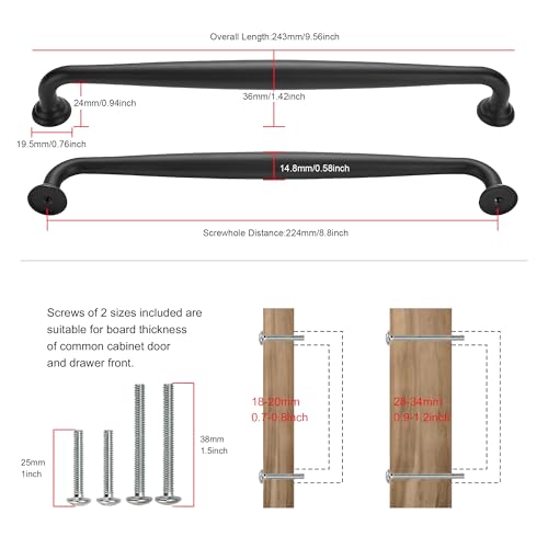 SAILING 5 Pack Cabinet Handles-8.81"/224mm Screw Spacing Matte Black Furniture Hardware Handles for Kitchen Cabinets Bedroom Dresser Wardrobe Cabinet Pulls - color: Matte Blcak, size: 8.81"(224mm)Hole Center-5Pcs