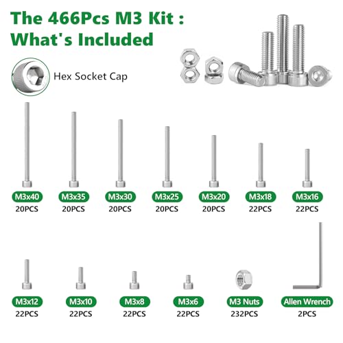 466 Pcs M3 Hex Socket Cap Screws Nuts Washers Wrench Kit, 304 SS - size: SS M2 466pcs 3