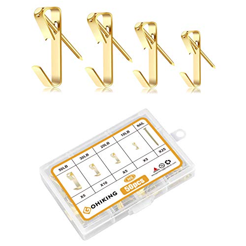 Picture Hanging Hooks, 50 Pcs Heavy Duty 10-50 lbs Picture Hangers Hardware kit with Nails for Picture Frame, Canvas, Mirror Hanging Decoration - size: 10-50LB GLD