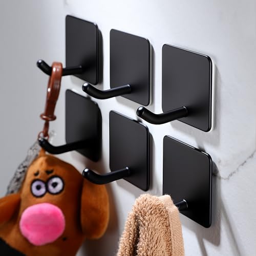 DELITON 6 Pack Towel Hooks for Hanging, Adhesive Hooks Stick on Wall for Bathroom Kitchen Heavy Duty Stainless Steel, Black - color: Black-6
