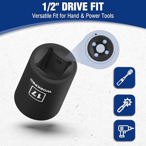 WORKPRO 1/2” Drive Shallow Impact Socket Set, Metric Cr-V Steel 6-Point Socket Set with Storage Case for Automotive Maintenance and Repairs (14PCS 10-27mm) - size: 14 PCS, Metric