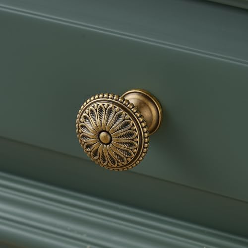 5 Pack | Cabinet Knobs | Solid Brass | 1-5/16 Inch Diameter | Brushed Antique Brass |Classic Cabinet Knobs for Furniture Kitchen ＆ Bathroon Fixture - size: 1-5/16 Inch Knob
