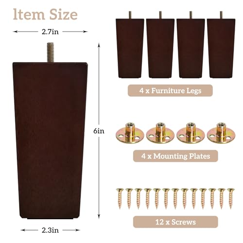 6 Inch Wooden Sofa Legs Set of 4, Brown Square Wood Furniture Feet Couch Legs, Mid Century Modern Dresser Replacement Feet for Chair Cabinet Armchair Recliner Table Or Home DIY Projects Bun Feet - size: 6 Inch