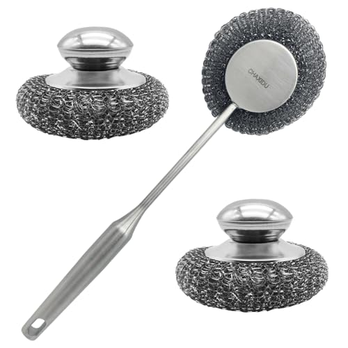 Stainless Steel Wool Scrubber Set, Long HandleBrushes for Pots, Pans, Grills & Cutlery Cleaning (3 Pack)