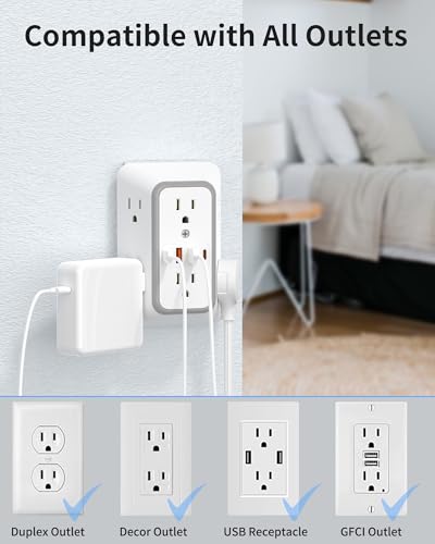 Outlet Extender 6 AC Surge Protection 1050J,Wall Charger 2 USB A&2 USB C - size: 1 pack