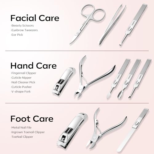 FAMILIFE Stainless Steel Manicure Set 11-in-1 Professional Nail Clipper Kit | Portable Leather Travel Case, Pedicure & Grooming Tools for Fingernails & Toenails, Luxury Gifts Set for Men & Women, Pink - color: Pink