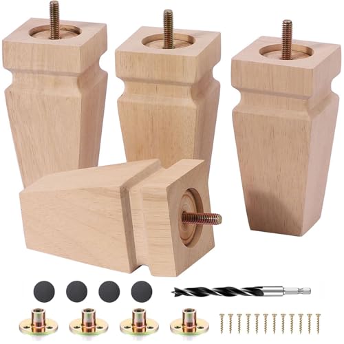 Unfinished Oak Sofa Legs - Heavy Duty Mid Century Solid Wood Replacement Furniture Legs Set of 4 for Couch, Table, Bench, Bed, Dresser, Chair - with Installation Hardware (Natural 6" H*2.5" W) - color: Plain Wood Color, size: 6"H*2.5"W