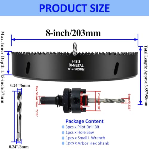 Hole Saw 8-inch Metal Hole Saw Kit Set Bi-Metal Hole Cutter Drill Bit - color: black, size: 8" (203mm)