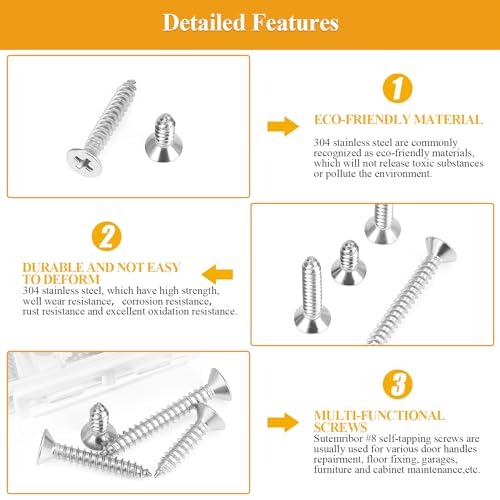 145 Pieces #8 x 1/2" 5/8" 3/4" 1" 1-1/4" Wood Screws Set, Phillips Countersunk Head #8 Self-Tapping Screws Assortment Kit, 304 Stainless Steel - size: #8, style: Phillips Countersunk Head