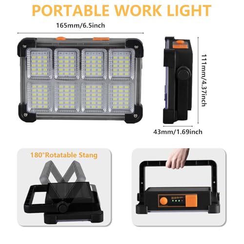 120W Solar Rechargeable Work Light, 144 LED Portable Flood Light with Stand, IP66 Waterproof 4 Modes LED Job Site Lighting Flashlights for Mechanic Camping Fishing Car Repair - color: Black