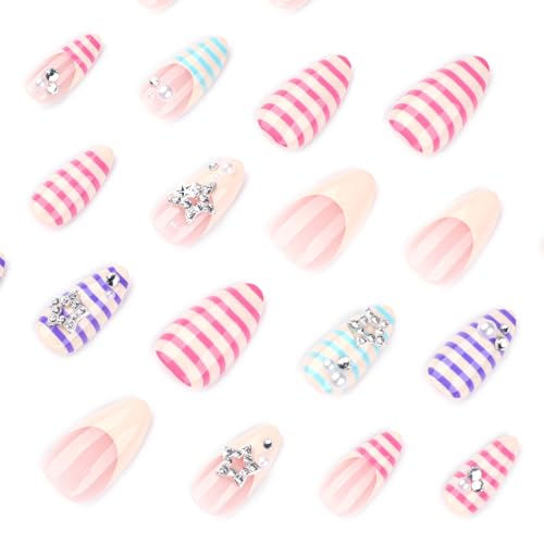 Mivota Soft Gel Press On Nails Medium Almond Colorful Stripe Design with 3D Star & Pearl, Reusable Glue On Fake Nails for Women, Cute Y2K Salon Manicure Set 24PCS - color: 3D-72 Red-Blue Stripes Star