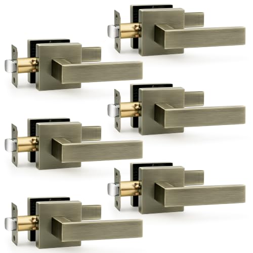 Probrico Passage Antique Brass Closet Door Handles, 6 Pack Interior Non-Locking Aged Bronze Square Zinc Alloy Lever, Reversible for Right & Left Side - color: Antique Brass