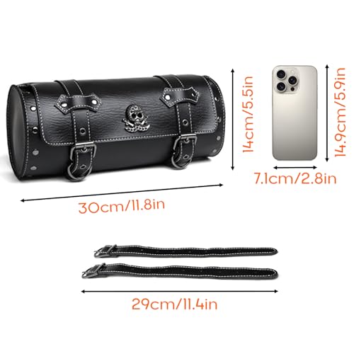 Rogierra 5.8L Universal Motorcycle Fork Bag - PU Leather Waterproof Tool Roll Bag with Metal Skull Design, Sissy Bar Handlebar Storage Saddlebag With Reinforced Straps, Black - style: Metal Skull Badge With Nails