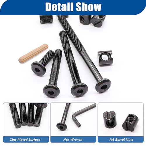 Taiss 16 Set Crib Screws M6x20mm/ 40mm/ 60mm/ 80mm Baby Bed Crib Bolts Hardware Replacement Kit,Hex Socket Cap Screws Bolt,Barrel Nuts&Dowel Pins for Beds Furniture - color: 16 Set Black