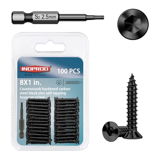 100-Piece #8 x 1 inch Flat Head Hex Socket Self Tapping Screws - Black Zinc Plated Steel, Countersunk Wood Screws with Drive Bit, for Woodworking & Furniture Repair - size: #8 x 1"