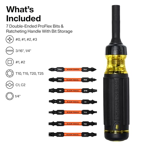 Klein Tools 32315HD 15-in-1 Multi-Bit Ratcheting Screwdriver, Impact-Rated, 7 Double-Ended ProFlex Torsion Zone Tips, 1/4-Inch Nut Driver, 8-Piece - size: 15-in-1 Driver