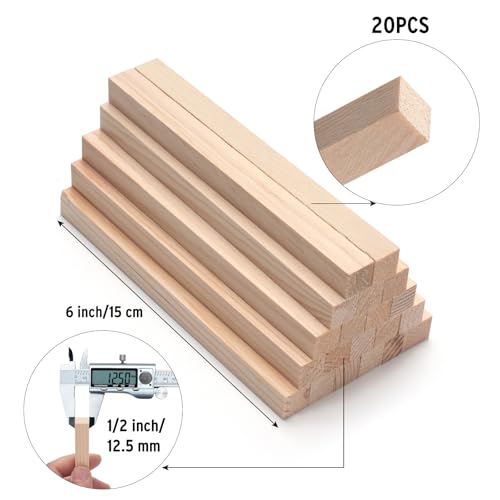 Wooden Dowels Wooden Sticks for Crafts 1/2" x 6", 20 PCS Square Wood Dowel Rods, Unfinished Hardwood Sticks Small Wood Strips for Crafting, Miniature Buildings, Woodworking - size: 1/2"×6"-20PCS