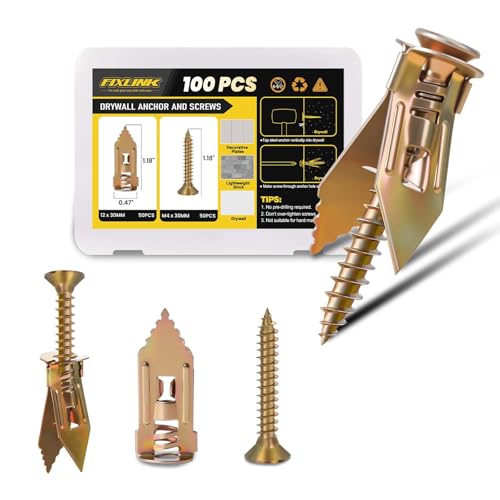 Self Drilling Drywall Anchors Kit, FIXLINK 100PCS Sheetrock Anchors & Screws, Zinc Plated Steel, No Drill or Holes in Wall, for TV, Wall Hanging, Cabinets - size: 1 Size 100 PCS