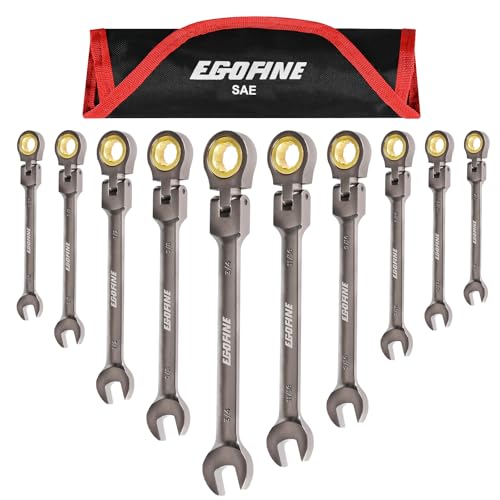 Egofine Flex Head Ratcheting Wrench Set 10 Piece, SAE Wrench Set, CR-V Steel 1/4” to 3/4” Wrench, 72-Teeth Combination wrench set, Nickel Plating Ratchet Wrenches Set with Tool Roll Bag - size: SAE-10 piece set