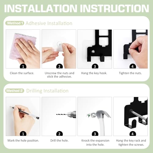 Key Holder Wall Mount, Adhesive Key Hanger with 12 Hooks, Black | Metal Material, 2 Mount Options, Compact Design, Cute Wall Decoration, Suit for Entryway, Doorway, Hallway, RV, Garage