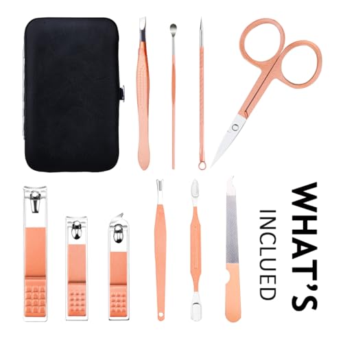 HANTEKAS Manicure Set 10 in 1 Stainless Steel, Nail Clippers Scissors Pedicure Tools Kit - Portable Travel Grooming Kit for Men and Women with Leather Case (Rose gold) - color: Rose Gold