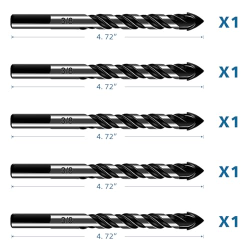 5-Piece 3/8“ Masonry Drill Bits for Tile Glass Ceramic Wall Brick Stone Soft-Metal Wood, 3/8 Inch Concrete Drill Bits Cement Drill Bit Set, 3-Flat Shank, YG8 Carbide Tungsten Steel Alloy Tip 10mm - size: 5 Piece 3/8 Inch Drill Bit Set