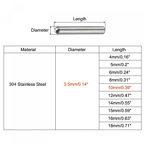 uxcell 3.5x10mm Dowel Pins, 50pcs 304 Stainless Steel Round Head Flat Chamfered End Dowel Pin Bunk Bed Pins Shelf Pegs Support Shelves Fasten Elements - size: 3.5x10mm
