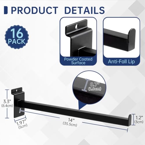 16 Pack Heavy Duty Tube Slatwall Shelf Brackets, Metal Tubular Slat Wall Brackets with Lip, Slatwall Accessories for Garage, Retail, and Home Storage - size: 14 Inch, style: Black