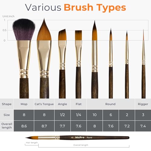 Nicpro 8Pcs Watercolor Paint Brushes Professional, Travel Paint Brush Set - size: 8 PCS