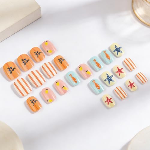 Summer Press On Nails Short Almond Colorful with Starfish Lemon Stripes - color: Style10
