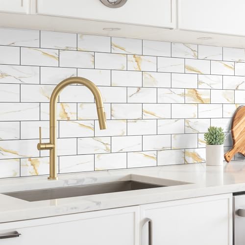 StyloVue 100 Pieces Peel and Stick Backsplash for Kitchen, 3" x 6" PVC Subway Tile Upgraded Calacatta Gold with Dark Gray Grout Backsplash Stick on Tile Elevate Kitchen, Bathroom, Fireplace,RV - color: Calacatta Gold