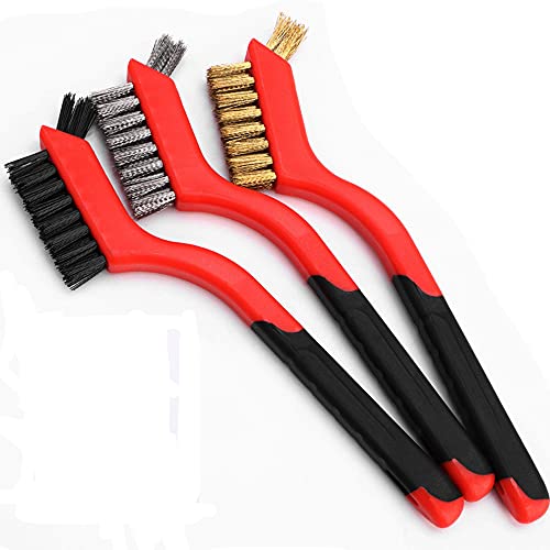 Wire Brush Set for Cleaning Rust Removal in Holes, 3pcs Brass/Stainless Steel/Nylon Brushes - color: Red