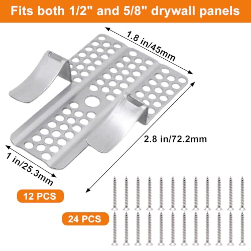 12 Pack Drywall Repair Clips, Fits 1/2" and 5/8" Panels, Stainless Steel Drywall Patch Kits for Walls Repairing, Dry Wall Fastener Clips with 24 Screws
