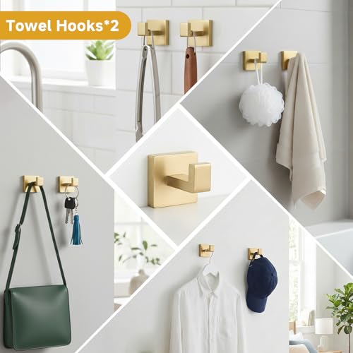 5-Piece Brushed Gold Bathroom Accessory Set, 16 Inch Bathroom Hardware Set, Towel Racks for Bathroom, SUS304 Stainless Steel Wall Mounted Bath Towel Bar Set - color: F-16 Brushed Gold