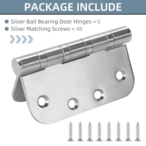 6 Pack Stainless Steel Silver Door Hinges for Exterior & Interior Doors, 4.0 x 4.0 Inch Heavy-Duty Ball Bearing Door Hinges with 5/8" Radius Corners - color: Silver