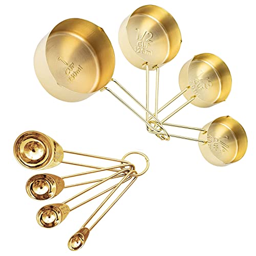Gold Measuring Cups and Spoons Set, 8 PCS Metal Measuring Cups and Stainless Steel Measuring Spoons Set for Kitchen - color: Gold