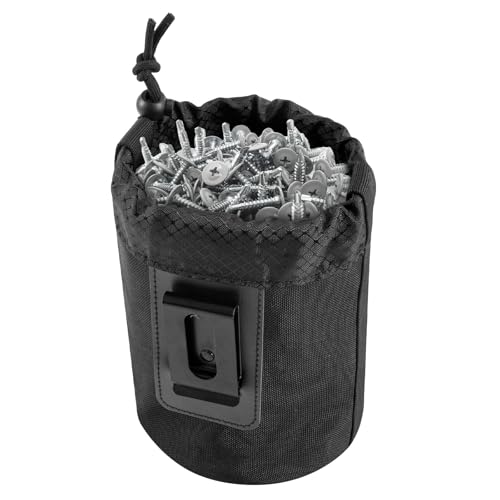 Waxed Canvas Nail/Screw Pouch, Tool Pouch with Belt Clip, 5 x 5 x 8 Inch Rounded Bolt Bag with Stand up Base Metal Clip on Organizer, Nail Pouch Suitable for Carpenters, Electrician, Carpenter - color: Black