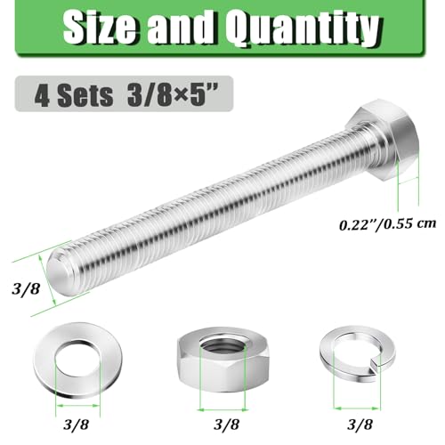4 Sets 3/8-16 x 5 Stainless Steel Hex Head Screws Bolts, Nuts, Flat & Lock Washers,18-8(304) Full Thread - color: Silver, size: 3/8-16 × 5"（4 Sets）